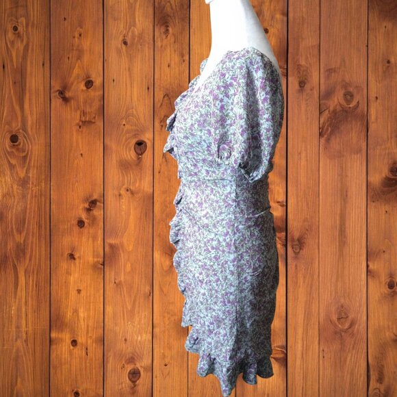 ASTR The Label Women's Small Shirred Floral Ruffle Mini Dress Short Puff Sleeve - Picture 6 of 7